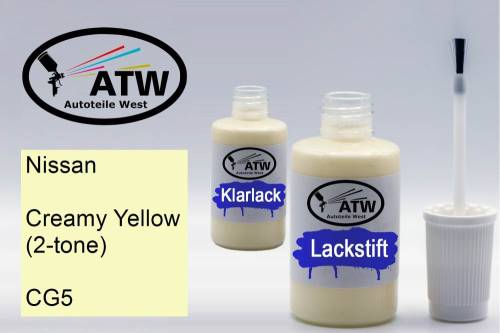 Nissan, Creamy Yellow (2-tone), CG5: 20ml Lackstift + 20ml Klarlack - Set, von ATW Autoteile West.